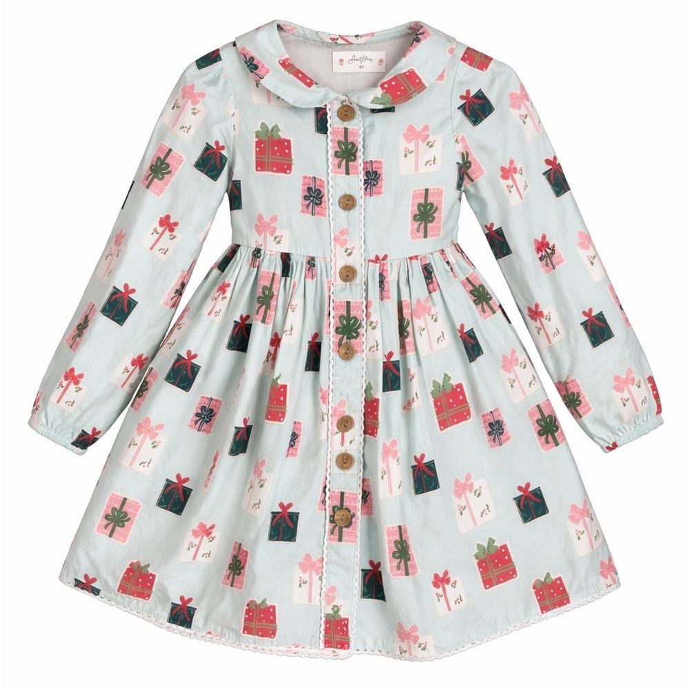 SweetHoney Mint Gift Print Long Sleeve Dress Girls 4T